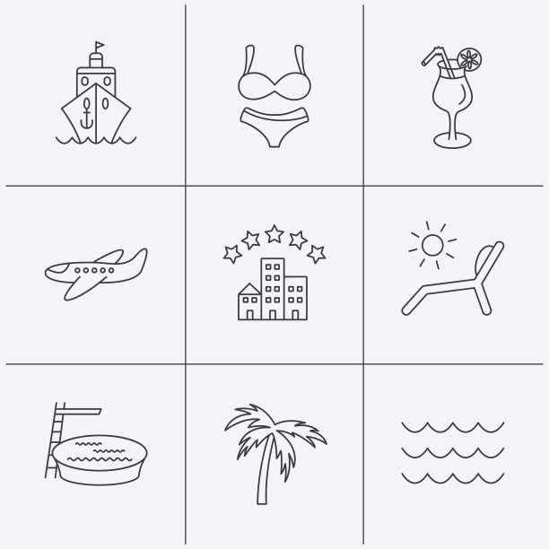 巡航，波浪和鸡尾酒图标。酒店标志。图片下载