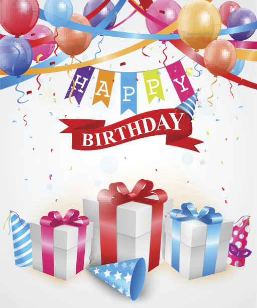 带彩色气球和五彩纸屑的生日卡片图片下载