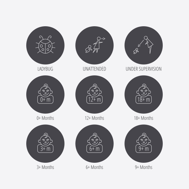 婴儿，瓢虫和蹒跚学步的婴儿图标。图片下载