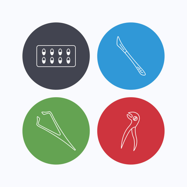 解剖刀，胶囊和牙科钳子图标。图片下载