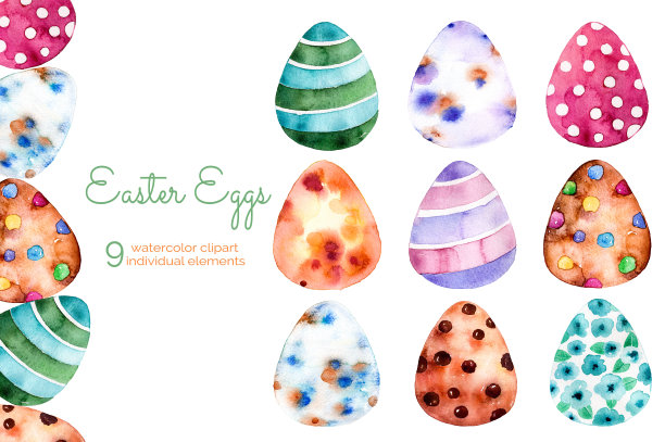 彩色复活节彩蛋剪贴画在白色背景上。9手绘元素图片下载