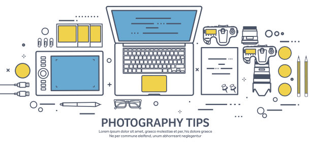 桌子上排列整齐的摄影设备。摄影工具，照片编辑图片下载