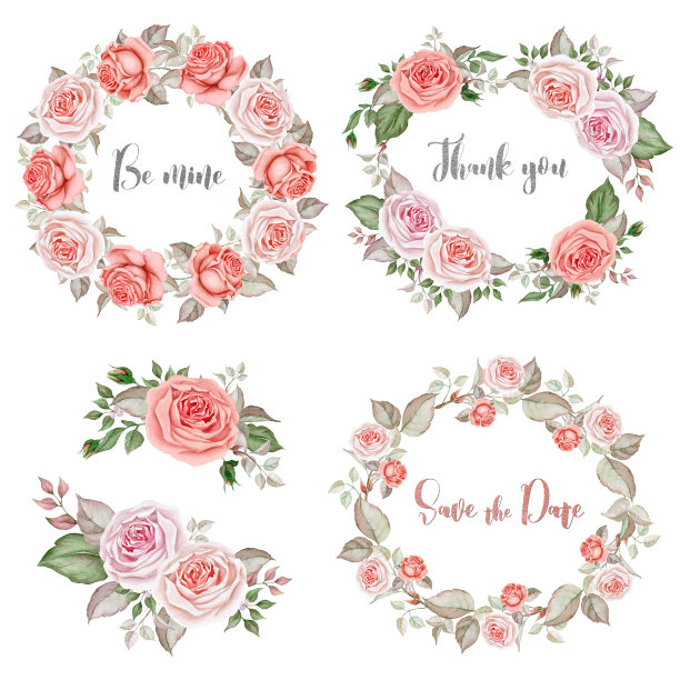 水彩手绘玫瑰花束和花环图片下载