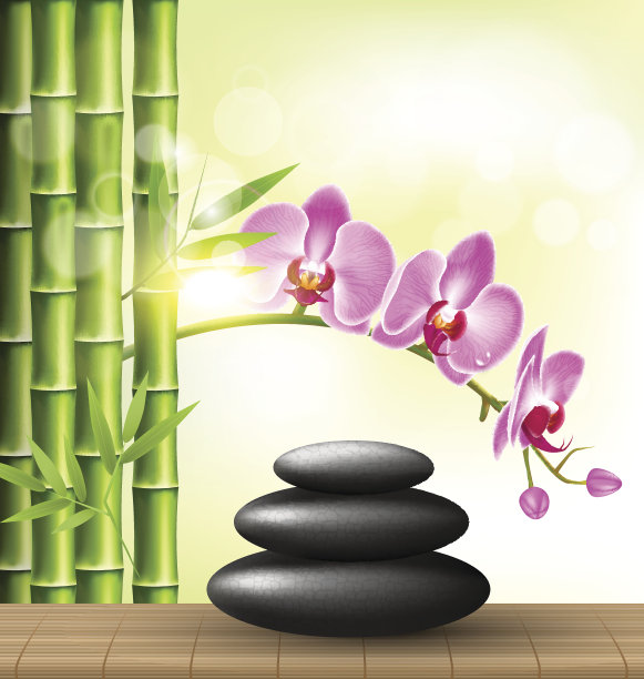 兰花、粉红色的花和竹子堆叠的温泉石头图片下载