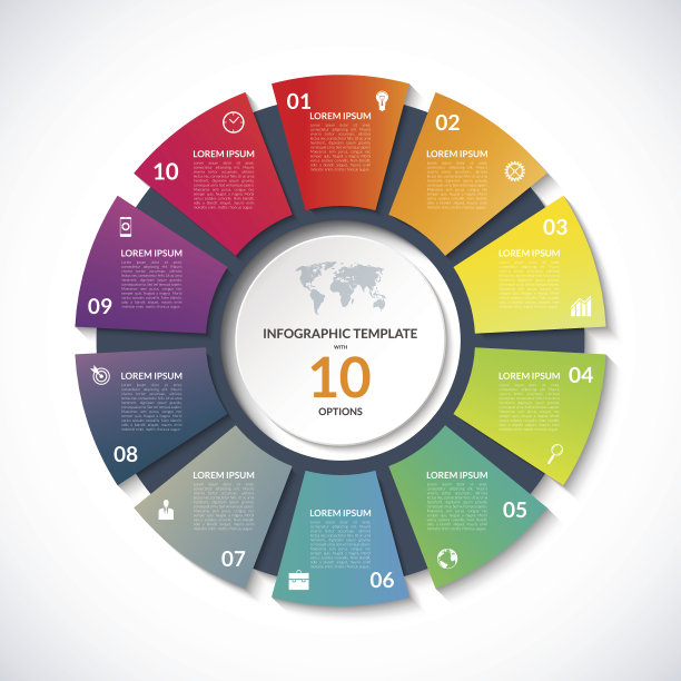 矢量圆模板的信息图与10个选项，步骤，部分图片下载