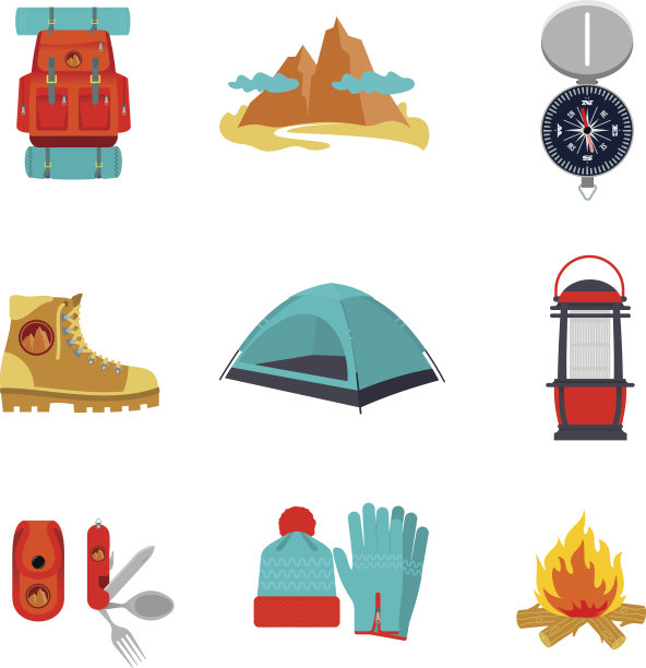 一套露营设备的图标和符号图片下载