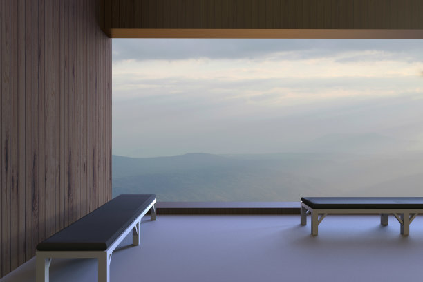 简单现代的房间，椅子和窗户都能看到天空图片下载