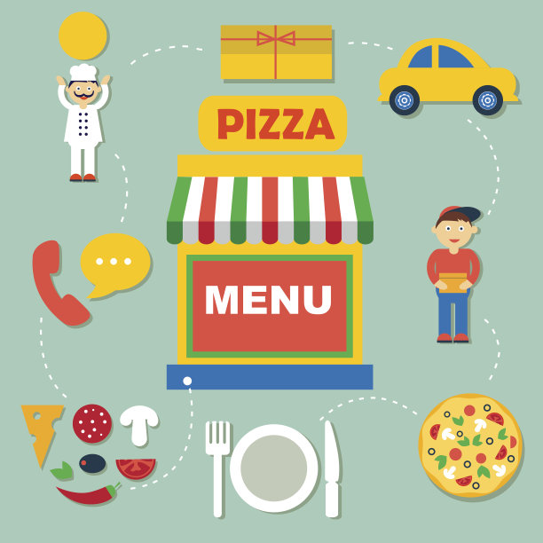 一组平面矢量图标比萨饼在线订单图片下载