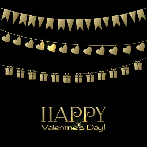 情人节贺卡与金色花环上的黑色图片下载