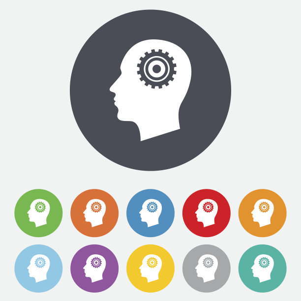 头部带有齿轮标志图标。男性人类头上。图片下载