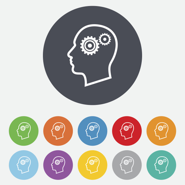 头部有齿轮标志图标。男性人类头上。图片下载