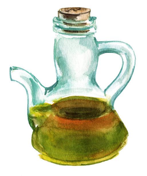 特级初榨橄榄油水彩画瓶，白色背景图片下载