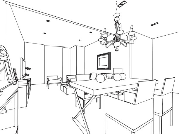 房子的轮廓草图和室内透视图图片下载