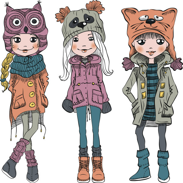 向量设置可爱的女孩在滑稽的帽子图片下载