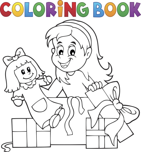 用娃娃和礼物给书女孩涂色图片下载