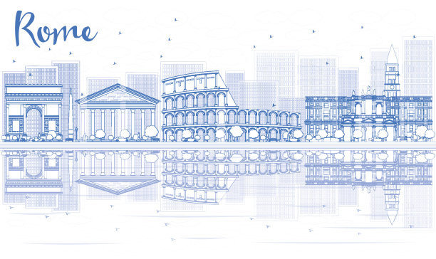 用蓝色建筑和倒影勾勒出罗马的天际线。图片下载
