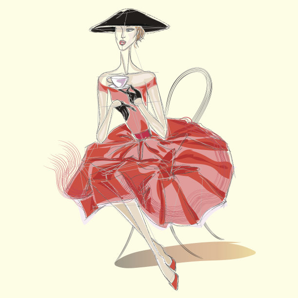 穿着红衣服的时尚女孩喝着茶图片下载