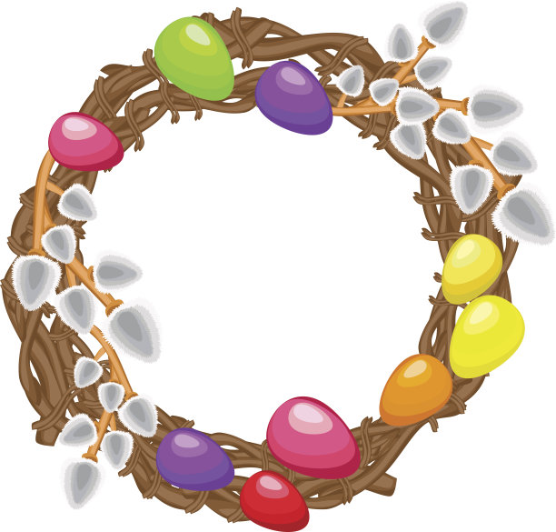用柳树装饰的复活节花环，白色背景上的彩色彩蛋图片下载