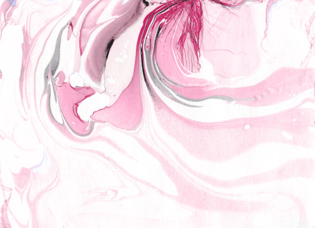 大理石纹手工纸。Diy有机结构。美丽的粉红色白色和灰色液体表面与黑色细线。素材图片