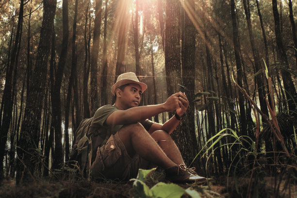 年轻的旅行者坐在森林里图片下载