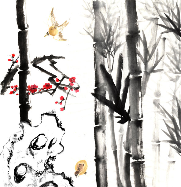 竹与梅开花，石与鸟图片下载