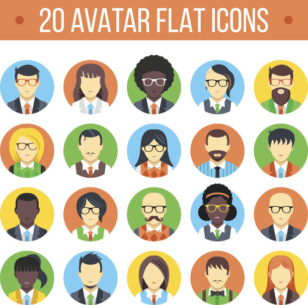 20个头像平面图标。男性和女性的面孔图片下载