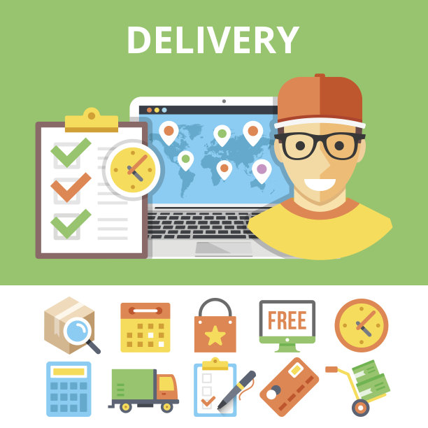 交付平面插图和彩色平面交付图标集图片下载