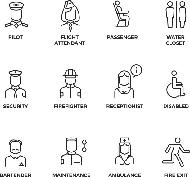 航空职员线性矢量图标。飞行员，乘客，空姐，安全员图片下载