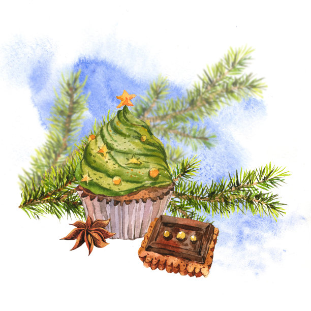 圣诞水彩卡片和纸杯蛋糕图片下载