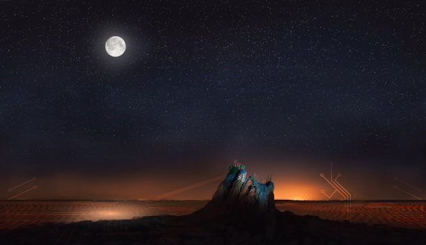 沙漠中的月亮和星星，抽象的线条图片下载