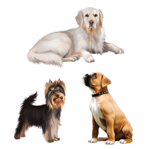 拳击手的小狗。金毛寻回犬，约克夏犬。孤立在白色图片下载