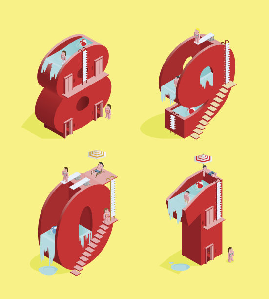 黄色背景上的一组孤立的等距红色数字。图片下载