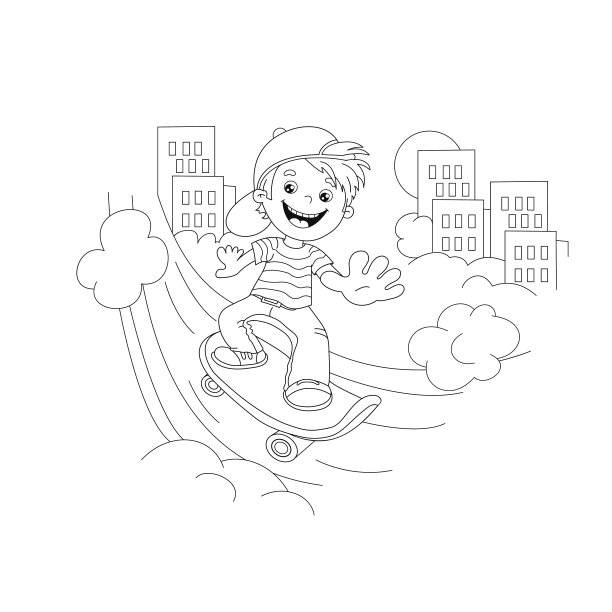 在城市里玩滑板的男孩的涂色页轮廓图片下载