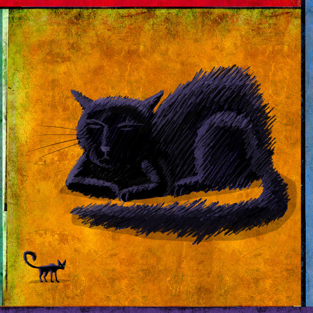 黄色背景上的小猫和大黑猫图片下载