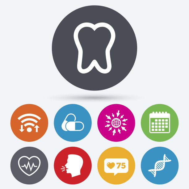 医疗图标。药片，牙齿，DNA和心电图。图片下载