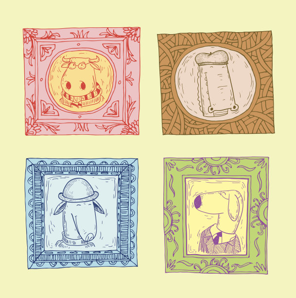 设置图片框架与动物肖像，手绘矢量插图。图片下载