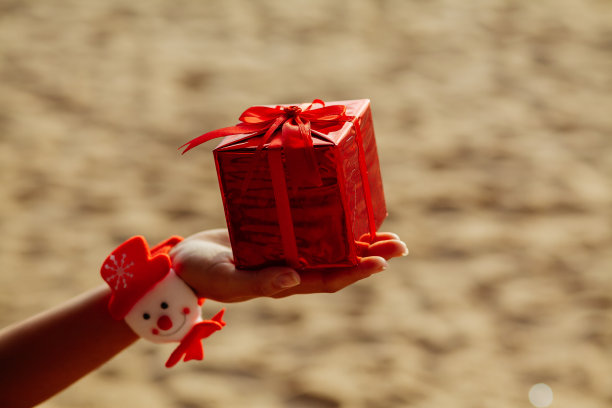 在海滩上的红盒子里的圣诞礼物图片下载