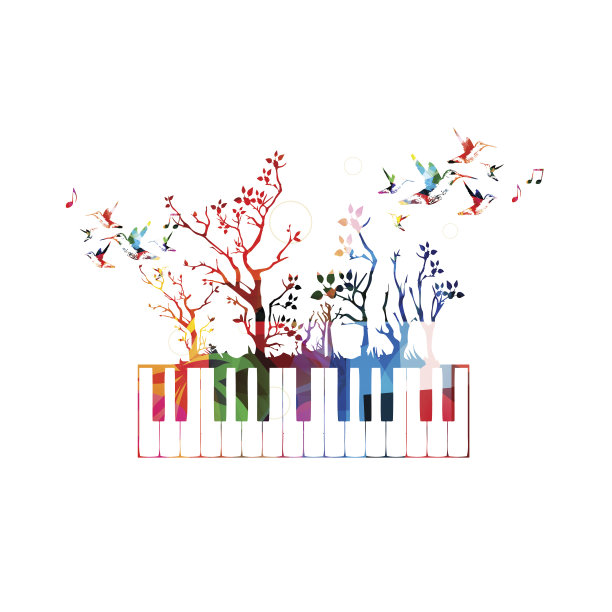 丰富多彩的音乐背景与钢琴键盘和蜂鸟图片下载