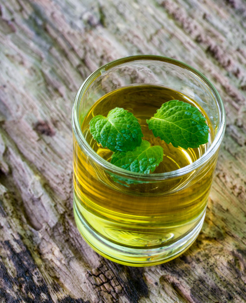 柠檬水与薄荷在黑暗的木材背景。图片下载