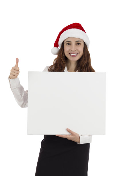 圣诞女商人竖起大拇指，展示一个广告牌图片下载