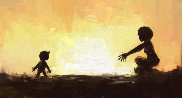 数字绘画的母亲和儿子在日落时间图片下载