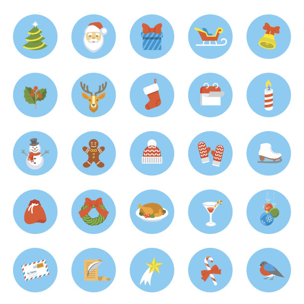 圣诞符号平面矢量圆形图标集图片下载
