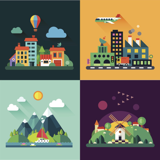 设置和插图城市和乡村景观图片下载