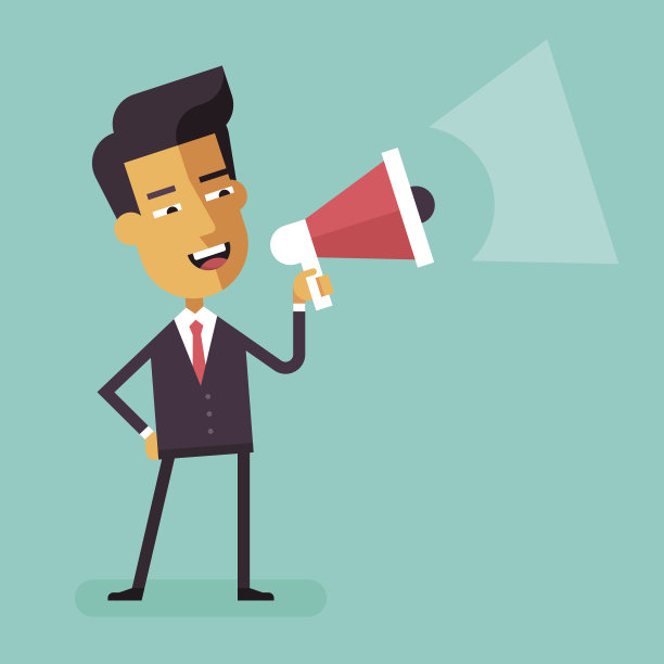 亚洲商人对着扩音器大喊。向量。图片下载