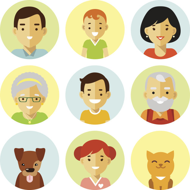 一套7个家庭成员头像图标在平面风格素材图片
