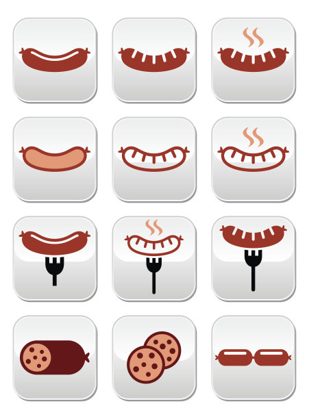 香肠，烤，用叉子五颜六色的按钮设置图片下载
