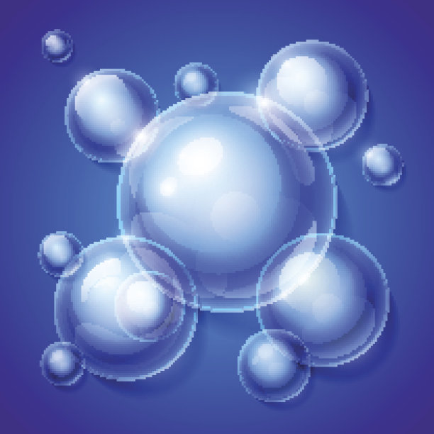 现实的闪亮透明的水滴气泡在蓝色的背景图片下载
