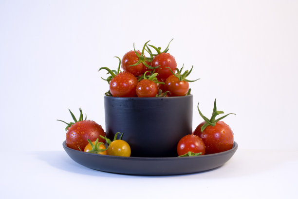 白色背景上有水滴的圣女果。图片下载