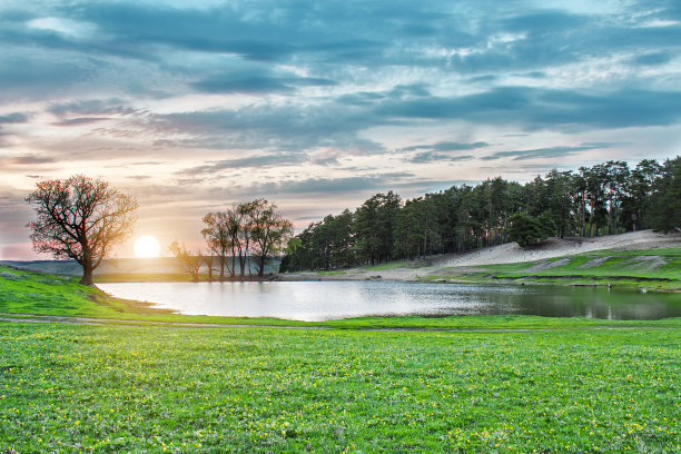 湖在日落在森林中绿色的草地图片下载