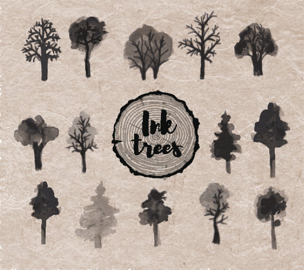 一套用墨水手绘的树图片下载